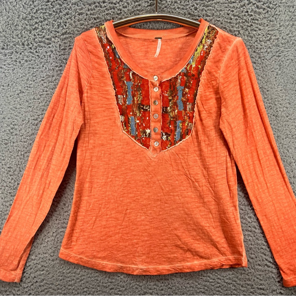 Free People Tiger Eye Henley Top Medium Orange Sequin Aztec Hippie Boho Western